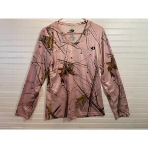 MOSSY OAK Women's L Long Sleeve Pink Camo V-Neck T-Shirt, Hunting Outdoors